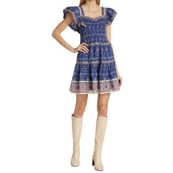 Sea New York || Rosita Smocked Mini Dress Ruffle Strap Sleeve Floral Blue Small