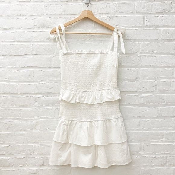 Le Lis || Tiered Tie Shoulder Smocked Mini Dress Cotton White Medium