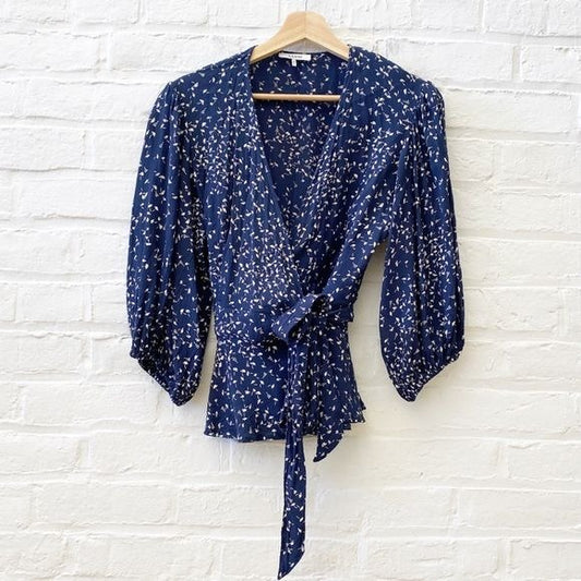 Ganni || Barra Crepe Wrap Blouse Top in Total Eclipse Navy 40 US 8