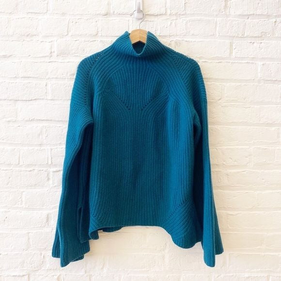 Billy Reid || Transfer Rib Funnel Neck Sweater Merino Wool Gemstone Green Blue M