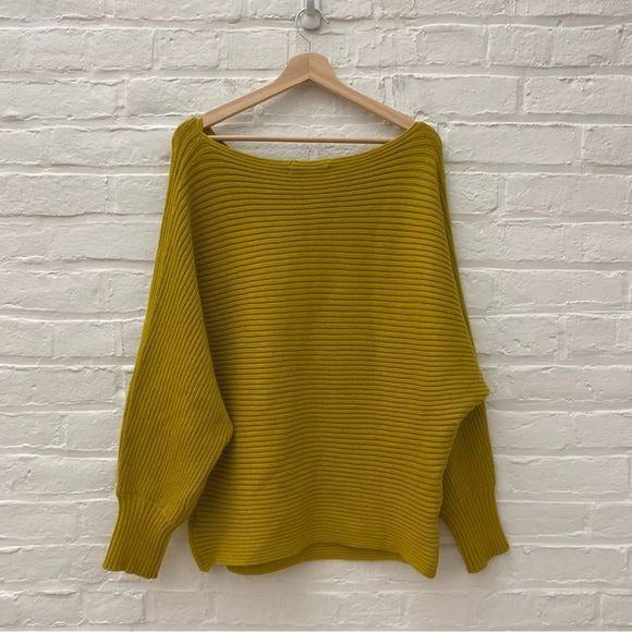 Anthropologie || Kendall Cropped Boatneck Ribbed Dolman Sweater Yellow Green XL