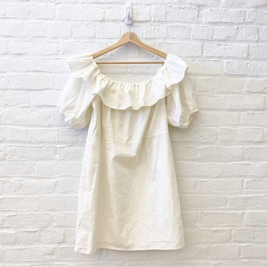 H&M || Linen Blend Ruffle Mini Dress Cream Ivory White XL