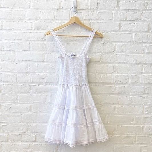 Charo Ruiz Ibiza || Stelle Smocked Mini Dress Tiered Crochet Trim White Mediun