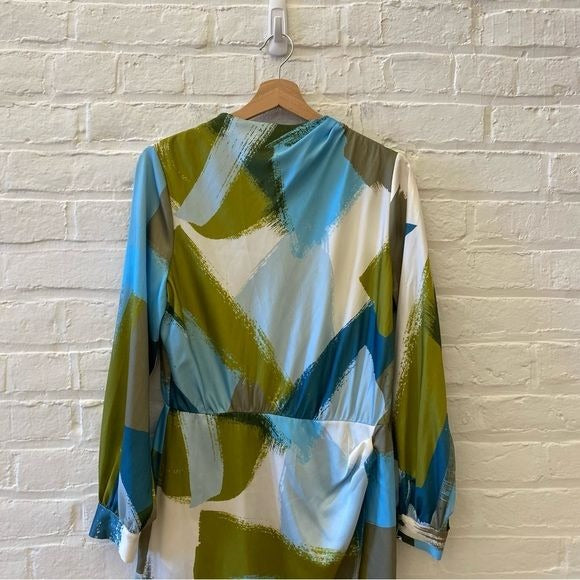 Zara || Long Sleeved Brush Stroke Midi Dress Green Blue Large