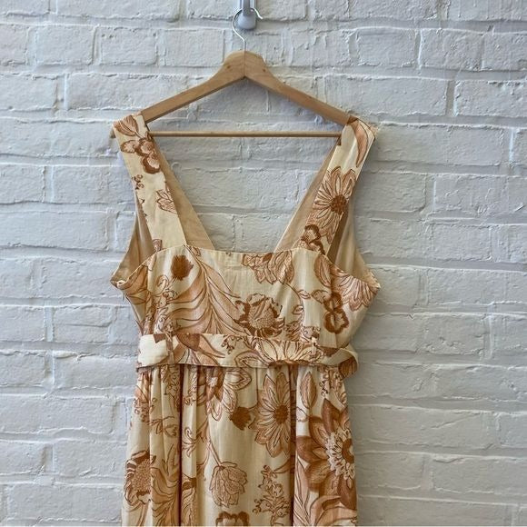 Mango || Martina Belted Cotton Floral Maxi Dress Cream Orange XXL NWT