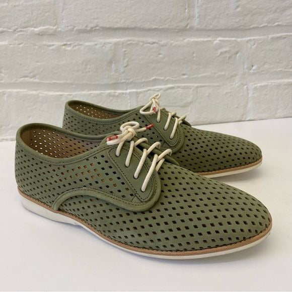 Rollie || Derby Punch Perforated Leather Lace Up Oxfords Flats Green 40