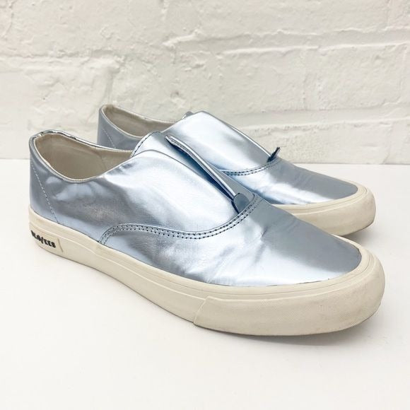 SeaVees || Sunset Strip Leather Slip Ons Sneakers Metallic Blue 8.5