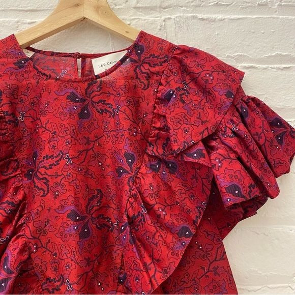 Les coyotes de Paris || Tina Ruffle Floral Silk Blend Top Red Pink 36