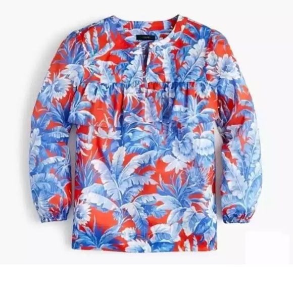 J. Crew || Long Sleeve Ruffle Top in Ratti Rio Palm Floral Red + Blue XS