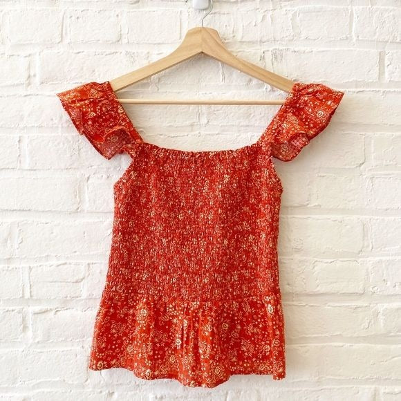 Madewell || Isla Top Smocked Flutter Strap Tank Top Floral Orange 2