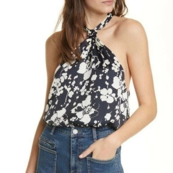 Joie || Ertha Floral Halter Top in Midnight Navy Blue White XS