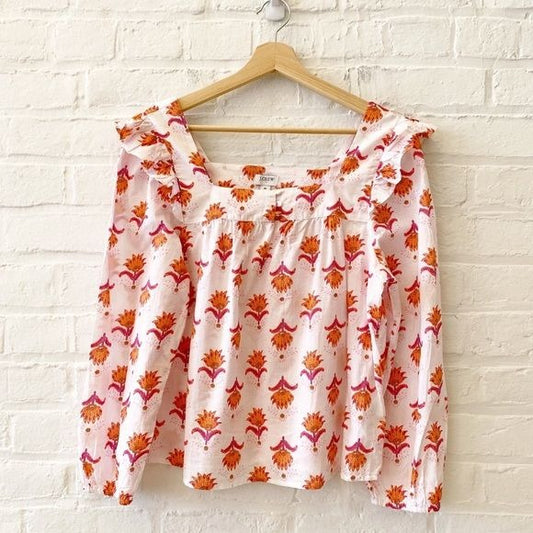 J. Crew || Squareneck Ruffle Top Floral Block Print Orange Pink Cotton Medium