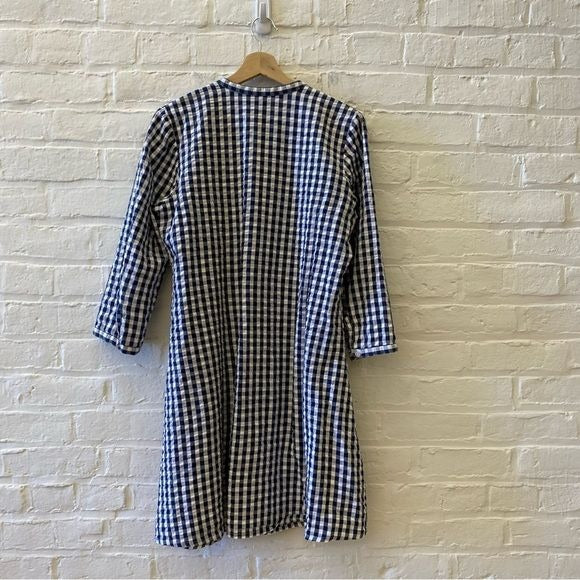 Madison Mathews || Juliette Cotton Shirtdress Mini Dress in Navy Gingham Large