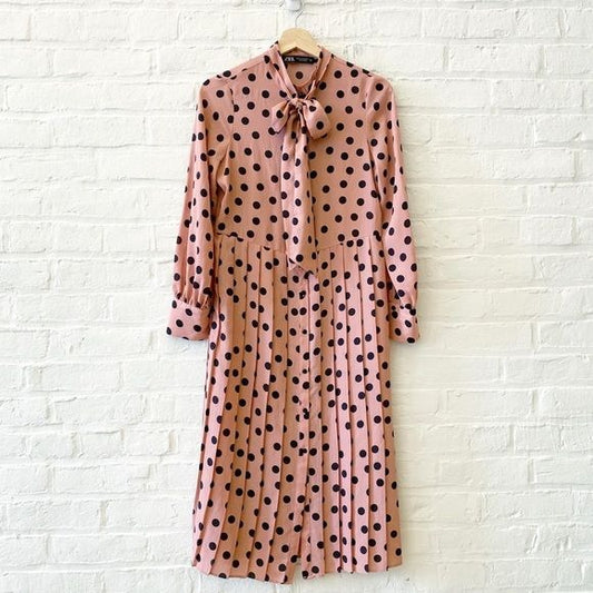 Zara || Pleated Polka Dot Shirtdress Midi Dress Pussybow Tie Neck Pink Black XS