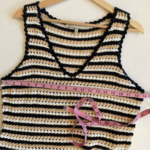 Generation K || Crochet Knit Pom Pop Striped Tank Top Black Tan XL