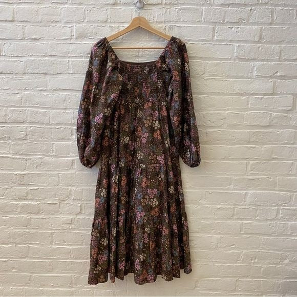 Summersalt || The Tiered Puff Sleeve Dress Cotton Poplin Brown Floral Small