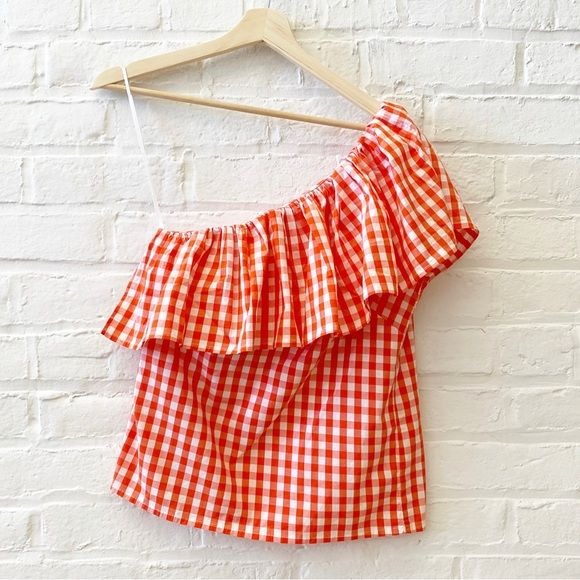 J. Crew || Cotton Poplin Ruffle-shoulder Top One Shoulder Gingham Red 0 NWT