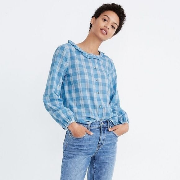 Madewell || Colwell Plaid Ruffle-Neck Top Blue Medium