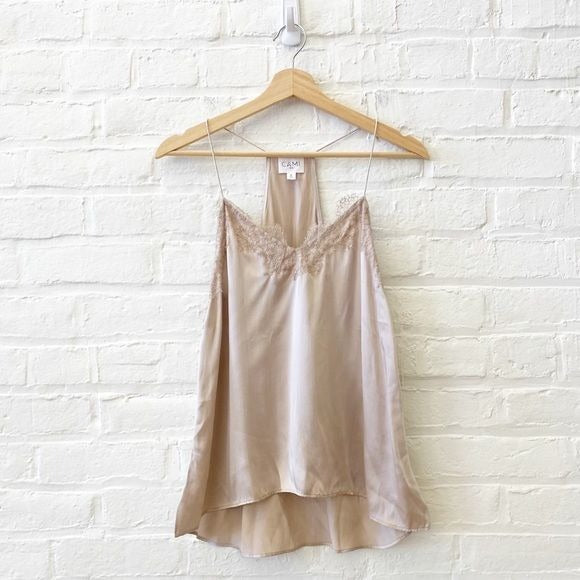 Cami NYC || Racer Tank Silk Charmeuse Lace Camisole Blush Beige Small