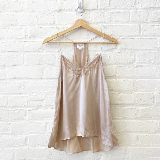 Cami NYC || Racer Tank Silk Charmeuse Lace Camisole Blush Beige Small