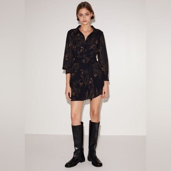 Zara || Koi Floral Print Belted Dress Pleated Mini Dress Long Sleeve Black M