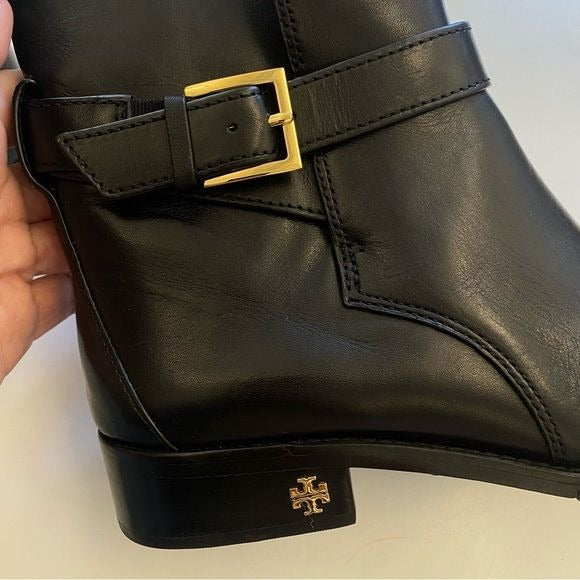 Tory Burch || Brooke Harness Moto Ankle Boots Leather Black Gold 7.5