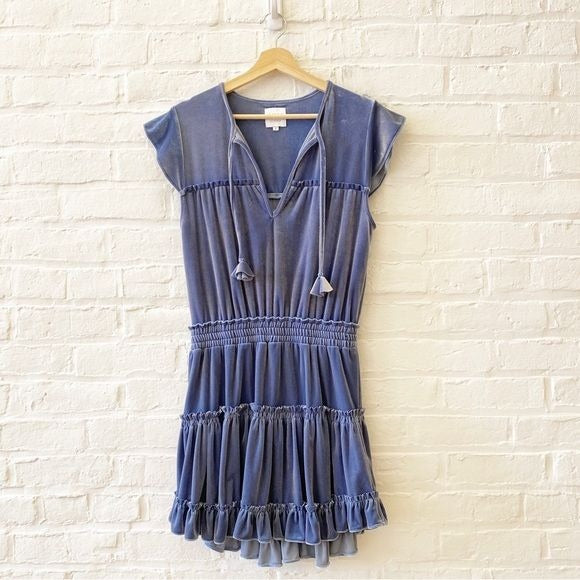 MISA Los Angeles || Matias Ruffle Velvet Mini Dress Blue Small