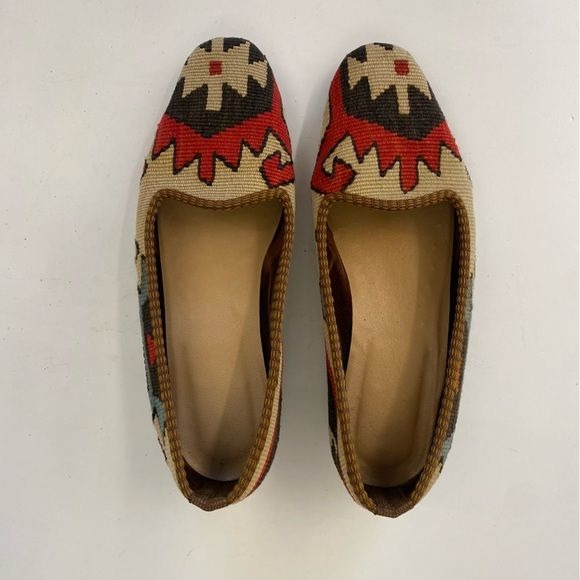 Kilim Wool Textile Carpet Loafers Smoking Shoes Tan Red 7