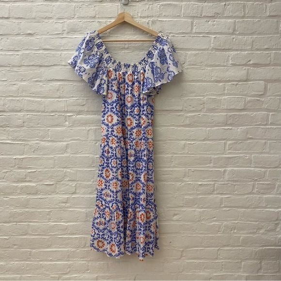 Anthropologie || Ro's Garden Jenna Midi Dress in Blue Orange White XS NWT