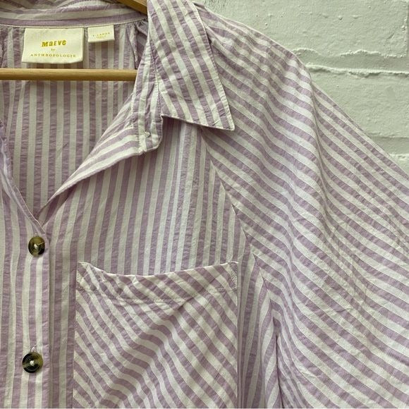 Anthropologie || Maeve Bubble-Sleeve Blouse Button Down Striped Lavender XL