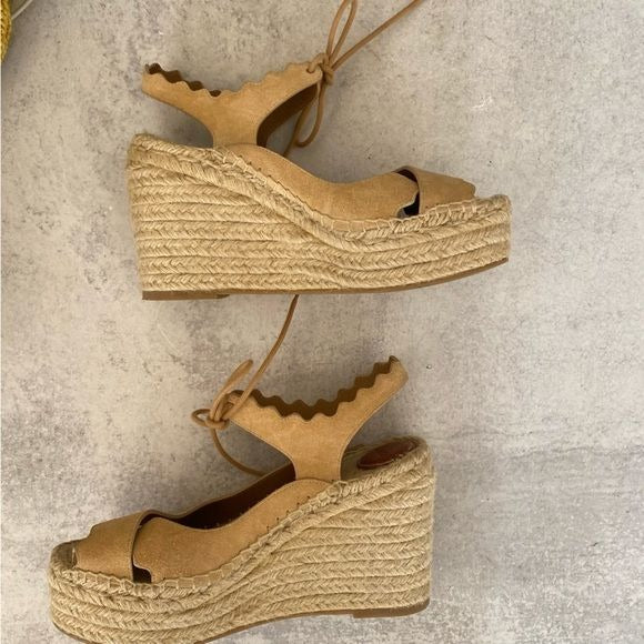 Chloe || Tie Ankle Scalloped Strappy Espadrille Platform Wedge Tan 37