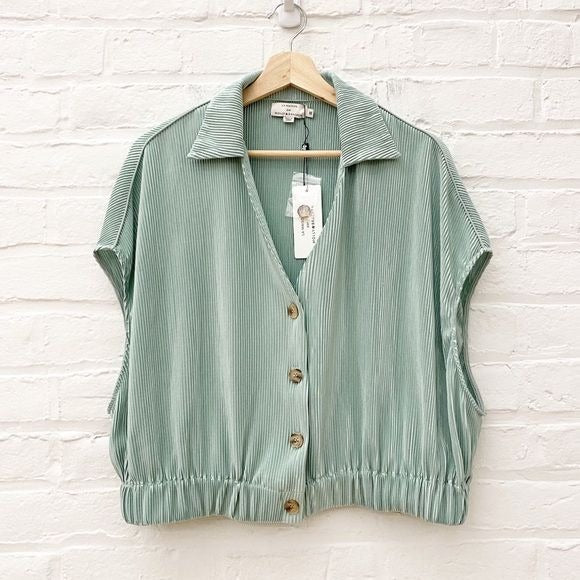 Molly Bracken || Crinkle Pleated Silky Collared Boxy Top Mint Green Medium NWT