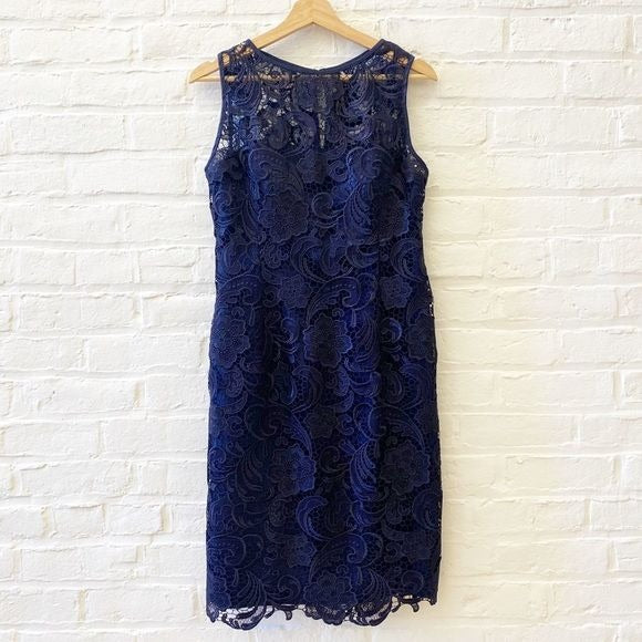 Adrianna Papell || Illusion Neckline Sleeveless Sheath Dress Lace Navy 12