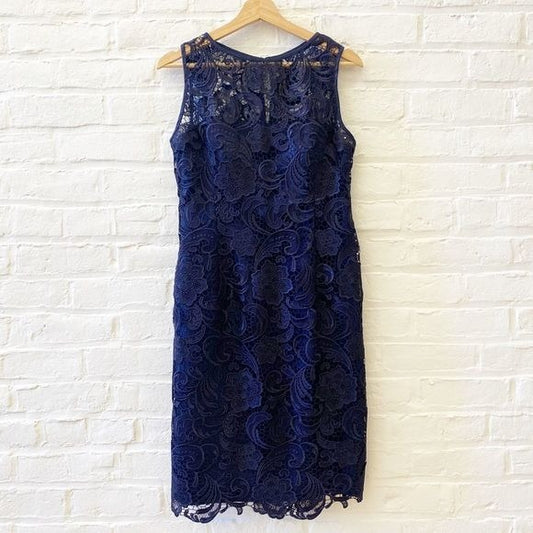 Adrianna Papell || Illusion Neckline Sleeveless Sheath Dress Lace Navy 12