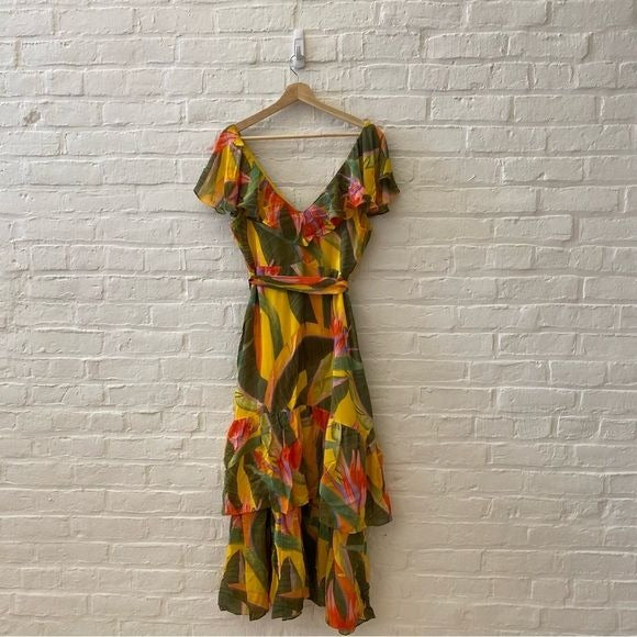 Anthropologie x FARM Rio || Tiered Floral Dress with Belt Yellow Small NWT