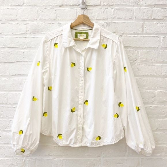 Anthropologie || Maeve Embroidered Button Down Short Buttondown Lemons White XL