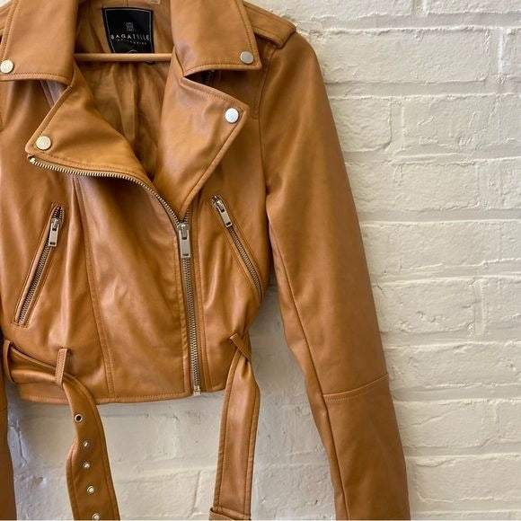 Bagatelle Collection || Belted Moto Jacket Vegan Leather Tan Cognac Small