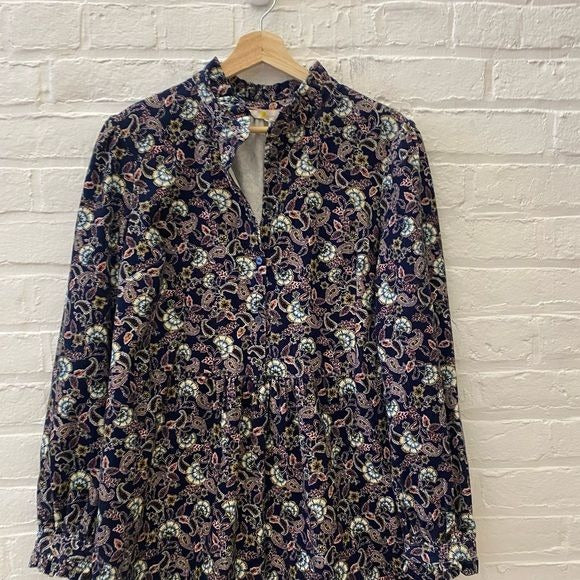 Boden || Ruffle Neck Cord Shirt Dress French Navy Exotic Floral 12 NWT