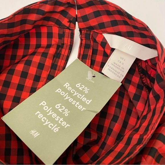 H&M || Gingham Check Plaid Puff Sleeve Blouse Top Red Black Large NWT