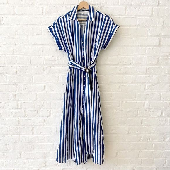 Zara || Striped Linen Blend Belted Shirt Dress Fit Flare Midi Blue Small