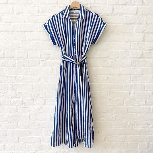 Zara || Striped Linen Blend Belted Shirt Dress Fit Flare Midi Blue Small