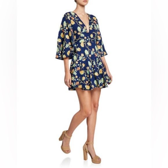 Mestiza || Camilla Kimono Sleeve Fit Flare Mini Dress Embroidered Floral Navy 2