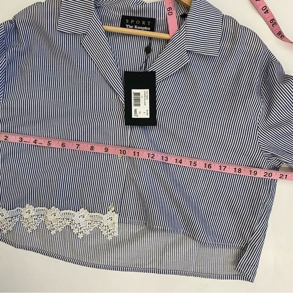 The Kooples || Asymmetric Lace Trim Button Down Short Blue Stripes Small NWT