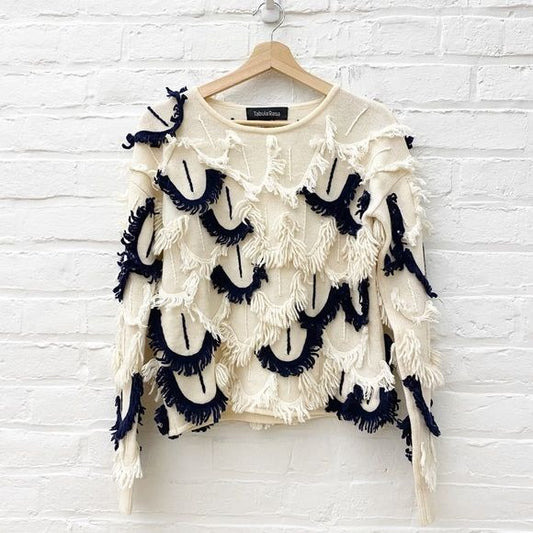 Tabula Rasa || Mali Scallop Fringe Knit Sweater Alpaca Blend Ivory Navy XS