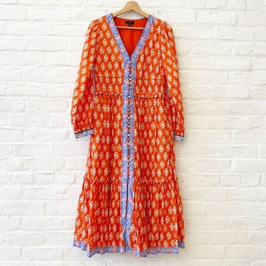 J.Crew || Button-up Tiered Dress in Classic Block Print Orange Blue 8