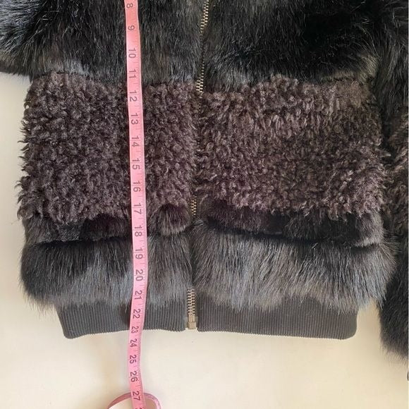 John + Jenn || Amy Faux Fur Bomber Jacket Mixed Texture Black XS