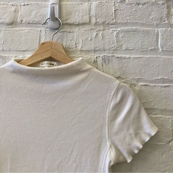 Rag & Bone || High Mock Neck Lettuce Edge Short Sleeve Tee Top White XS