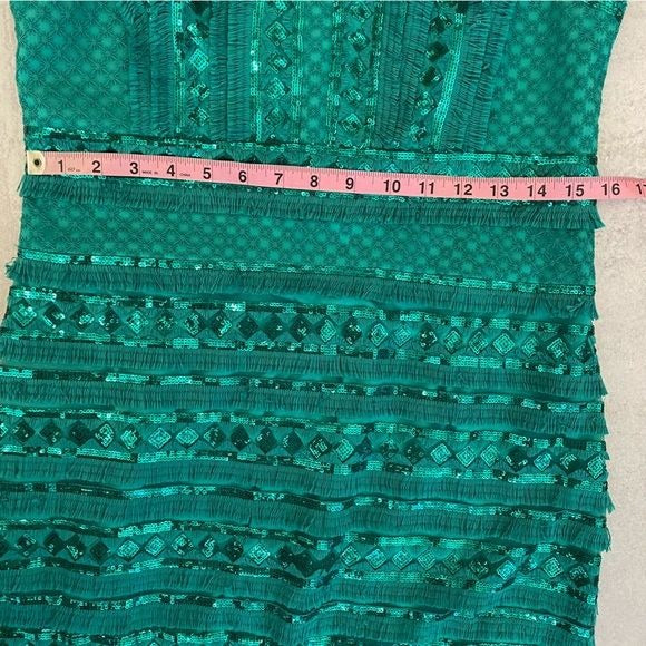 Tadashi Shoji || Norma Sequined Fringe Pencil Sheath Dress Jade Green 10 NWT