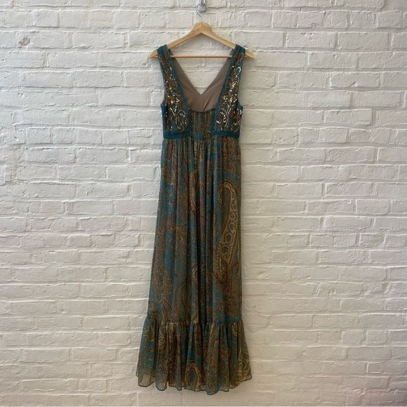 Anthropologie || Ranna Gill Beaded Sequin Paisley Maxi Dress Gown Teal Gold 0