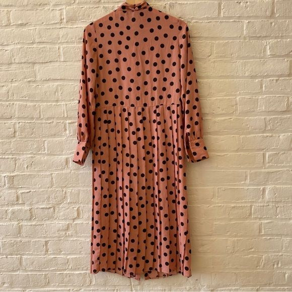 Zara || Pleated Polka Dot Shirtdress Midi Dress Pussybow Tie Neck Pink Black XS